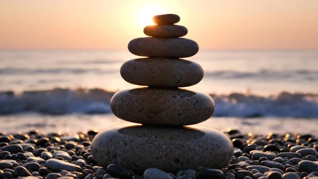 Zen Stones at Sunset - A Peaceful Beach Meditation Scene.