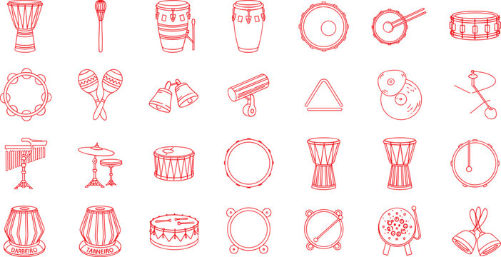 Collection of various musical drums and percussion instruments