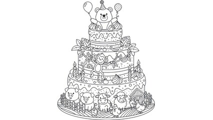 Black and white illustration of a birthday cake with various animal figures