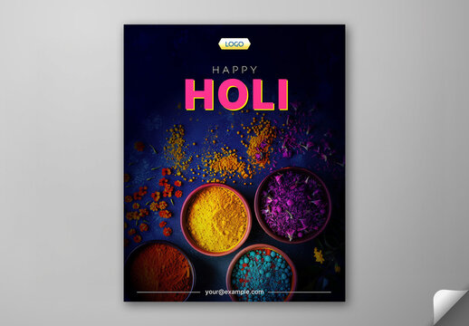 Editable Happy Holi Celebration Social Media Post with Color Powder (Gulal) in Bowls and Flowers Falling on Dark Blue Background.