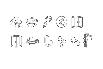 Minimal line icon set of bathroom fixtures including showerheads, handheld sprayer, faucets, cabinets, shelves, hook, and water droplets