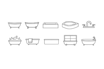 Minimal line icons of bathtubs, sinks, faucets and bathroom fixtures in a clean outline style set, depicting home plumbing and bathing elements