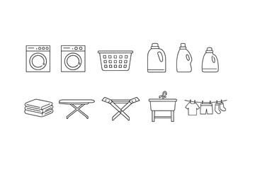 Minimal line icon set of laundry and washing essentials with washers, basket, detergent bottles, folded towels, ironing boards, sink, and clothesline