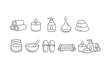 Minimal line icons of spa essentials featuring towels, candles, lotion, incense, stones, scrub jar, mixing bowl, slippers, and a wooden massage mat