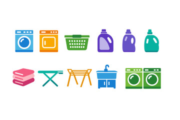 Colorful flat laundry and cleaning icons set featuring washing machines, detergent bottles, basket, towels, ironing board, drying rack, and sink