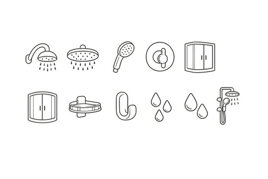 Minimal line icon set of bathroom fixtures including showerheads, handheld sprayer, faucets, cabinets, shelves, hook, and water droplets