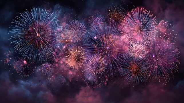 Fireworks display over city skyline during evening celebration with vibrant colors lighting up the night sky in a festive atmosphere - Powered by Adobe