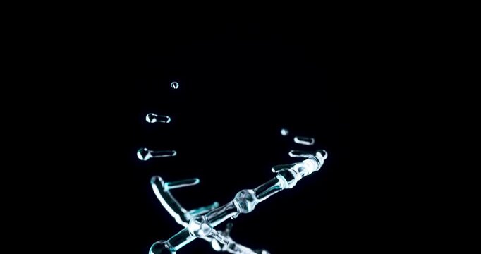 Dynamic DNA Helix Made of Glass Molecules with a Light Blue Glow, Appearing and Rotating on a Black Background.