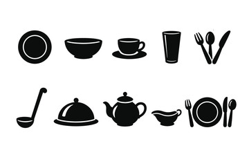 Minimal black silhouette set of tableware icons with plate, bowl, cup, glass, cutlery, ladle, serving cloche, teapot and gravy boat
