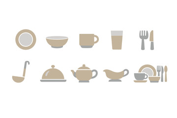 Minimal flat illustration set of kitchen tableware and dining utensils including plates, bowl, mug, glass, teapot, gravy boat, cutlery and serving tray