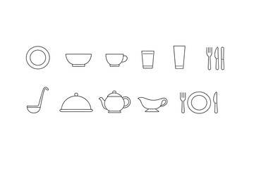 Minimal line icons of tableware set showing plate, bowl, cup, glasses, cutlery, ladle, serving dome, teapot, and gravy boat in outline style