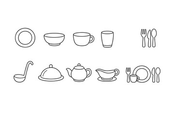 Minimal line art set of tableware icons including plate, bowl, cup, glass, cutlery, ladle, covered serving dish, teapot, and gravy boat