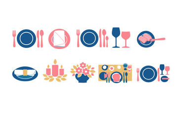 Colorful flat illustration of table settings with plates, cutlery, glasses, candles, flowers, and dessert arranged as dining icons on white