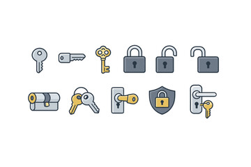 Set of security icons with keys, padlocks, door locks, and shield symbol, representing access control, safety, privacy, and protection concepts
