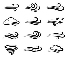 Hand drawn line art wind icons set featuring various air movement, gusts, clouds, and a tornado for weather forecasts and graphic design