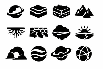Set of black silhouette nature and geology icons featuring planet, terrain layers, mountains, roots, cracked ground, storm cloud, sunrise, cave, waves, globe