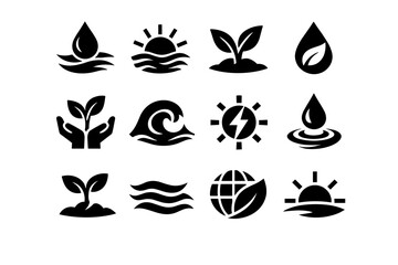 Set of minimal eco and renewable energy icons with water drops, waves, seedlings, hands, sun, globe leaf, and lightning symbol silhouettes