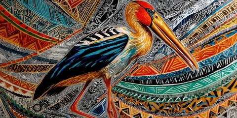 A colorful, patterned painting of a stork against an abstract, geometric background