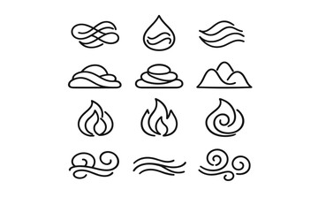 Minimal black line icons representing natural elements including air, water, clouds, mountains, fire and wind swirls in a clean vector style set