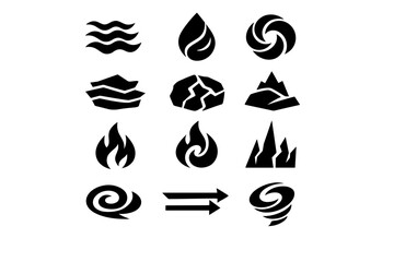 Set of black elemental icons showing water waves, droplet, vortex, layered ground, cracked rock, mountains, flames, wind, arrows and tornado