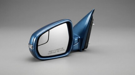 Car side mirror with warning message about distance, placed on a neutral background, showcasing automotive design and functionality
