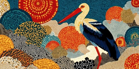 Colorful illustration of a stork standing amidst vibrant, textured, abstract organic shapes
