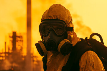 Worker in full protective gear at an oil refinery - reflecting the hard work of the oil industry orange background
