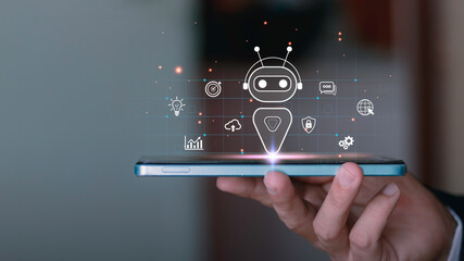AI chatbot assistant emerging from smartphone with digital icons, representing artificial intelligence, automation, data analytics, cloud computing, cybersecurity and smart business technology.