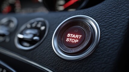 Close up view of start stop button inside modern car dashboard with controls, lights and instruments during the day time