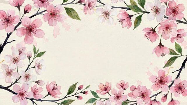 Watercolor Cherry Blossom Branches Border, Delicate Pink Floral Illustration