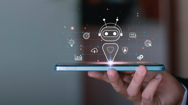 AI chatbot assistant emerging from smartphone with digital icons, representing artificial intelligence, automation, data analytics, cloud computing, cybersecurity and smart business technology. - Powered by Adobe