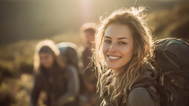 Explore adventure outdoor in National Park. A woman with a backpack smiling at the camera against a blurred background.