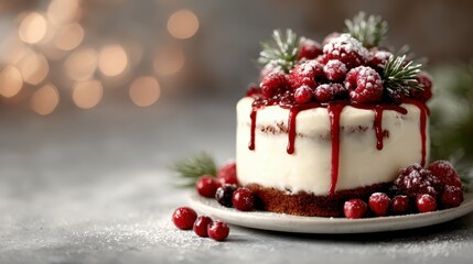 A stunning festive cake adorned with fresh cranberries and a drizzle of red sauce, sprinkled with powdered sugar, creating a visually appealing and inviting dessert.
