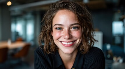 A cheerful young woman in an office setting beams at the camera, exuding confidence and approachability, capturing the essence of modern professional life with natural beauty.