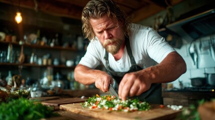A dedicated chef, focused and passionate, meticulously slices fresh vegetables on a wooden chopping board in a rustic kitchen, showcasing culinary artistry and skill.