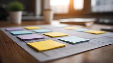 Colorful sticky notes arranged in a grid on a planning board on a wooden desk suggesting organization and project development