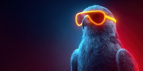 A stylized bird with glowing neon glasses set against a gradient background of red and blue