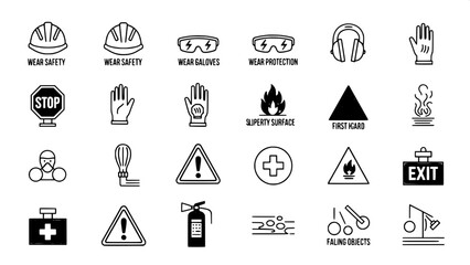 “Work safety pictograms, simple outline icons, consistent line weight, professional safety manual illustration”