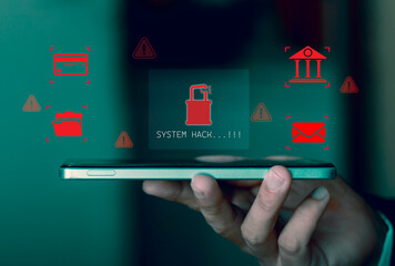 system hack warning with red alert for bank, email, files, and credit card. Smartphone illustrating cyber attack, data breach, financial fraud, identity theft, and mobile security threats.