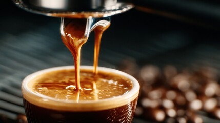An elegant shot capturing the moment rich espresso is poured, highlighting the art of coffee-making, the glossy texture of the beverage, and the coffee culture experience.