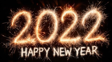 Celebration of New Year 2022 with fireworks creating the numbers and text in bright sparkles during midnight countdown
