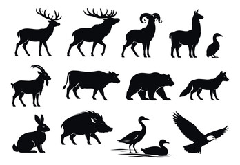 Obraz premium Wildlife silhouette icon set featuring a variety of wild animals and birds for nature and conservation themes