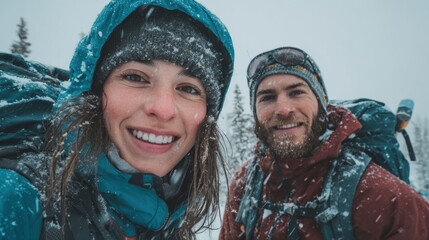Explore adventure outdoor in National Park. A man and woman standing in the snow, both wearing jackets and hats. The woman wears a blue jacket and the man wears a maroon jacket.