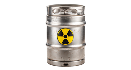 Silver Metal Keg with Radioactive Warning Symbol Isolated on Transparent Background