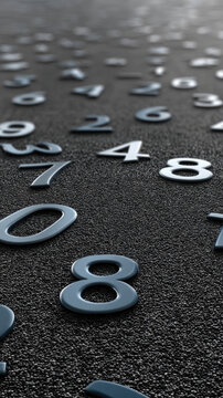 Shiny black number digit scattered on textured dark surface, abstract mathematical background, modern, minimal, creative concept