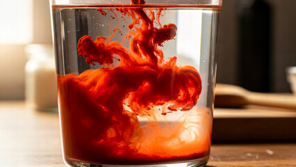 Abstract red liquid spice swirling in a clear glass of water