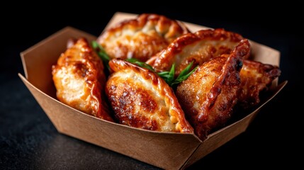 This image features a tantalizing display of beautifully cooked dumplings, showcasing a golden-brown crust and served in an attractive takeout box. Perfect for food lovers.