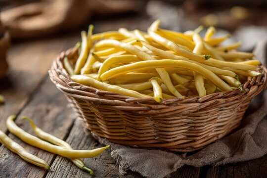 Close-up of glossy yellow beans in a traditional basket, natural daylight, rustic country setting