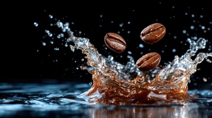 A dynamic shot of coffee beans splashing in clear water, showcasing the beauty and excitement of coffee culture, perfect for coffee enthusiasts and advertisements alike.