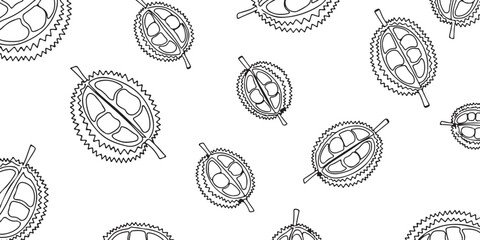 A repeating seamless pattern of stylized durian fruit slices in a black and white sketch style